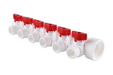 Коллектор Kalde PP-R со встроенными кранами без воздухоотводчика, 40мм х 20мм, на 6 выхода, красный 3272-mnr-400620