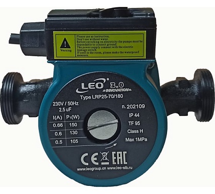 Циркуляционный насос LEO LRP 25-70/180, 105/130/150 Вт, 220В, Q 37/50/67 лмин, Hmax 5.2/6/6.3 м 1089