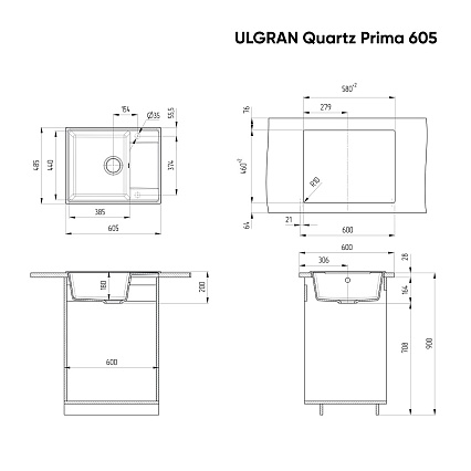 Кухонная мойка Ulgran Quartz Prima 605-08 60.5 см космос