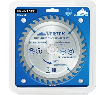 Пильный диск по дереву 185x22,23-20 мм, 36Т Vertextools 185-36-22