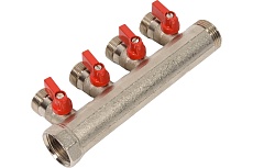 Коллектор Henco 1" с красными шаровыми кранами, 3/4"НР евроконус, 1"-4xEK14,16,18,20 VB060504-ROOD