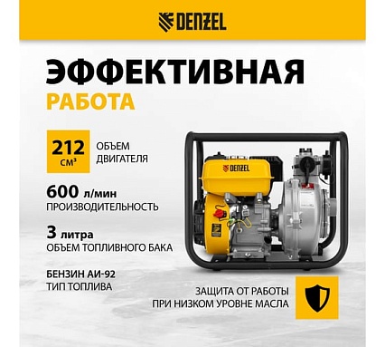 Бензиновая высоконапорная мотопомпа Denzel PX-50H 7 л.с., 2, 600 л/мин, глуб 8 м,напор 65 м/ 99203