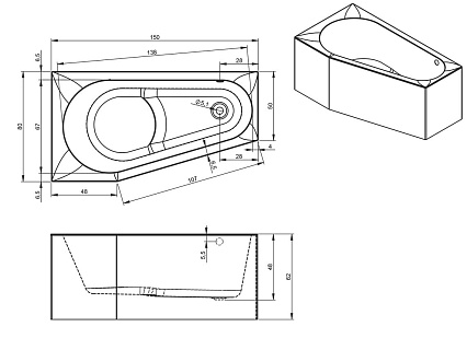 Акриловая ванна Riho Delta Plug & Play 150x80 R, с монолитной панелью