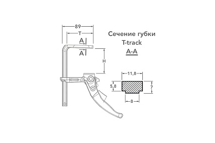 Струбцина WOODWORK кованая, F-тип, 160x60 мм, c рычажной рукояткой для установки в т-паз. усилие прижима до 160 кг RTC-1660