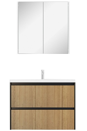 Мебель для ванной Velvex Klaufs 100 см подвесная, 2 ящика черный глянец/дерево шатанэ
