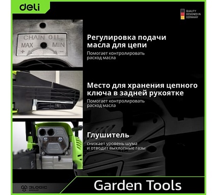 Бензопила цепная Deli (2300Вт/ 3,1 л.с, шина 45см, двигатель 45 см3) DE-LJ18-1 145422