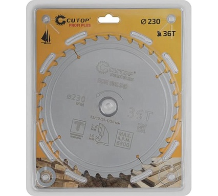 Диск пильный с тефлоновым покрытием по дереву Profi plus 230x1.6/2.4x32/30/25.4/20 мм, 36Т CUTOP 75-23036Т