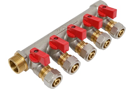 Коллектор для металлопластиковой трубы Terma 3/4"в/н с 5-ю шаровыми кранами, конус 16 мм (1/2") (14004) 35994