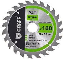Пильный диск по дереву 180x1.4/2.2x30/25.4/20/16 мм, 24Т, черновая обработка GRAFF 21218024