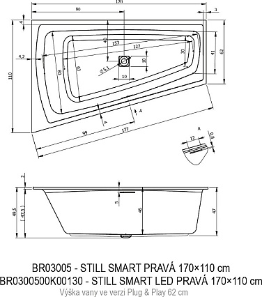 Акриловая ванна Riho Still Smart Plug&Play 170x110 см R с монолитной панелью