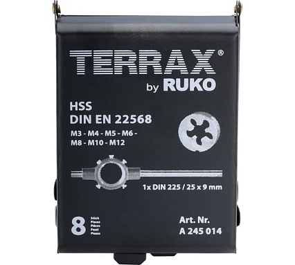 Набор плашек Terrax by RUKO 8шт M3-M12 HSS, A245014