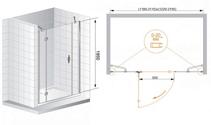 Душевая дверь Cezares BERGAMO-W-B-13-30+60/30-C-Cr-R 120x195, прозрачная, R