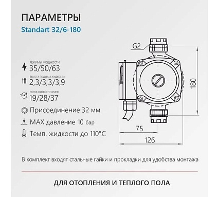 Циркуляционный насос PROFLINE standart 32/6 - 180 (гайки, б/кабеля) УТ-00047625