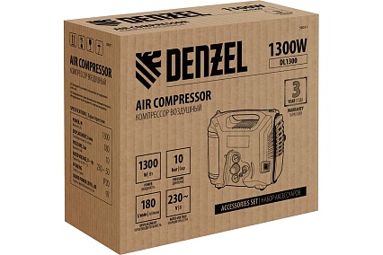 Воздушный компрессор Denzel dl1300, 10 бар, 1,3 квт, 180 л/мин, 5 л, с набором аксессуаров 58011