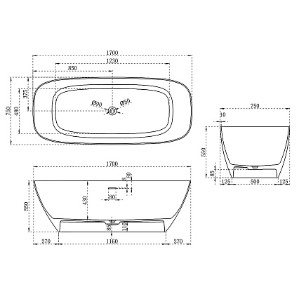 Ванна из искусственного камня Vincea VBT-6S02MW 170x72 см белый матовый