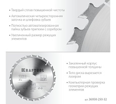 Диск пильный по дереву Kraftool Fast 250x32 мм, 24Т 36950-250-32