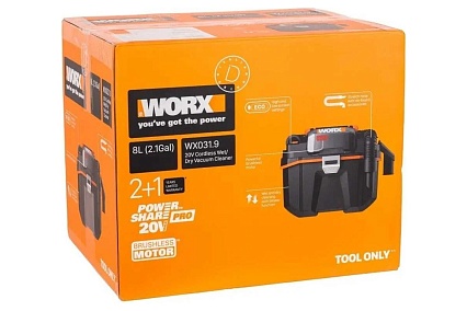 Пылесос для влажной и сухой уборки Worx 20 В, без АКБ и ЗУ WX031.9