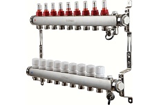 Коллектор для теплого пола Sanext нержавеющая сталь, с расход., в/о и дренаж., ДУ25, ВР1"х 8 конт. НР 3/4" 8528