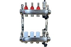 Коллектор для теплого пола Sanext 8523-1 нержавеющая сталь, с расходомерами, автоматический в/о и дренажный клапан, ДУ25, ВР1x3 конт. НР 3/4