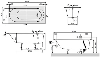 Квариловая ванна Villeroy&Boch Oberon 170x75 см UBQ170OBE2V-01