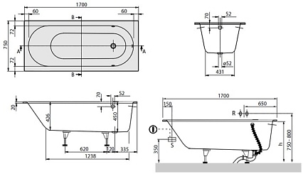 Квариловая ванна Villeroy&Boch Oberon 170x75 см UBQ170OBE2V-01