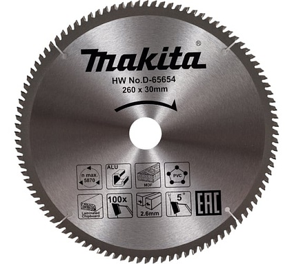 Диск пильный универсальный D-65654 (260х30х2.6 мм; 100Т) Makita 199045