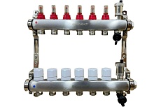 Коллектор для теплого пола Sanext 8526-1 нержавеющая сталь, с расходомерами, автоматический в/о и дренажный клапан, ДУ25, ВР1x6 конт. НР 3/4