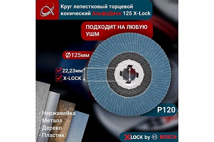 Круг лепестковый торцевой КЛТ Р120, X-lock,125 мм, конический Альфадиск 5283