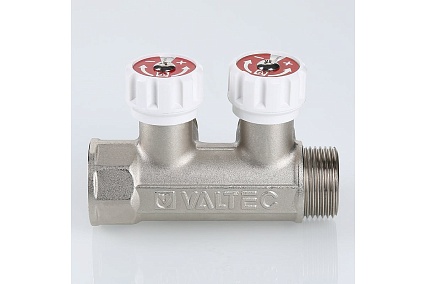 Коллектор с регулировочными вентилями Valtec 1"х2 выхода, евроконус 3/4" (на подающий трубопровод) VTc.570.NE.0602