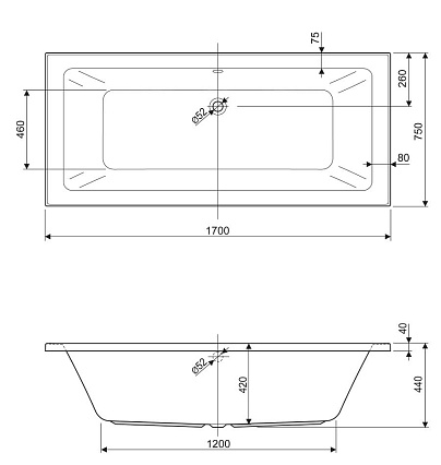 Акриловая ванна Cezares Plane Mini 170x75