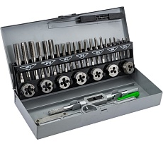 Комплект резьбонарезного инструмента: вороток и плашкодержатель CNIC и по 7 к-тов из 3шт метчиков и плашек М3-М12 Р6М5 в мет.кор.32поз 50051