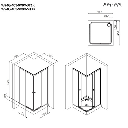 Душевой уголок Am.Pm X-Joy W94G-403-9090-МТ1К 90x90 прозрачный, хром матовый