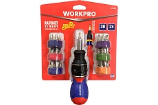 Отвертка WORKPRO 2X DRIVE 38-в-1 короткая с трещоткой WP221050