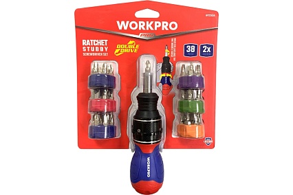 Отвертка WORKPRO 2X DRIVE 38-в-1 короткая с трещоткой WP221050