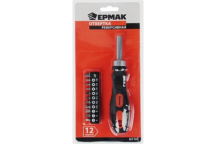 Отвертка Ермак реверсивная, адаптер 1/4, биты: SL4,SL5.5,SL6.5,PH1,PH2,PZ1,PZ2,TORX10,TORX15,TORX20 651-197