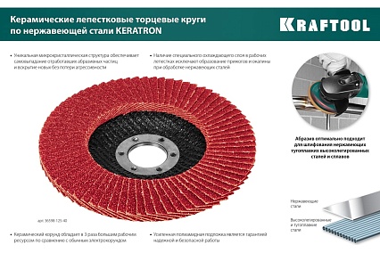 Лепестковый керамический торцевой круг Kraftool Keratron по нержавеющей стали, 125x22.2 мм, P40 36598-125-40