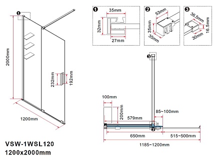 Душевая перегородка Vincea Walk-In VSW-1WSL120CLB 120x200 черный матовый, прозрачное