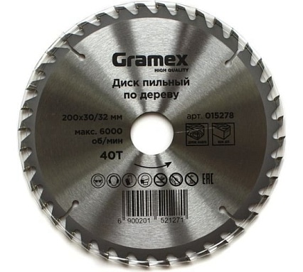 Диск пильный по дереву 200х32/30 мм, 40Т Gramex 015278