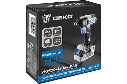 Аккумуляторный бесщеточный гайковерт Deko ZKIS20-Li, 20 В, 1x4.0 Ач, 400 Нм 084-1046