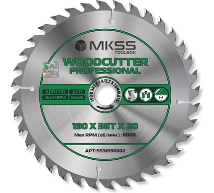 Диск пильный по дереву MKSS Toolbox Woodcutter Professional SS3019 190x36Тх1.4/2.2x20 мм SS30190002