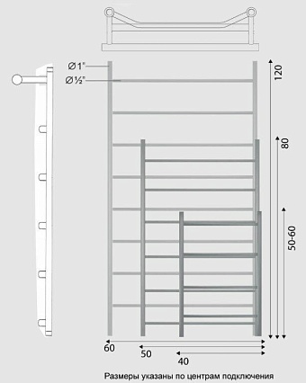Полотенцесушитель водяной Двин FTE 1"-1/2" 46x60 выход слева, черный матовый