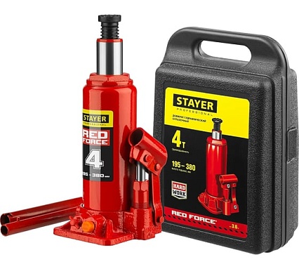 Гидравлический бутылочный домкрат Stayer RED FORCE, 4т, 195-380 мм, в кейсе, 43160-4-K 43160-4-K_z01