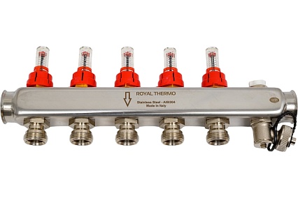 Коллектор в сборе Royal Thermo нержавеющая сталь, с расходомерами 1 ВР-3/4 НР, 5 выходов НС-1080951