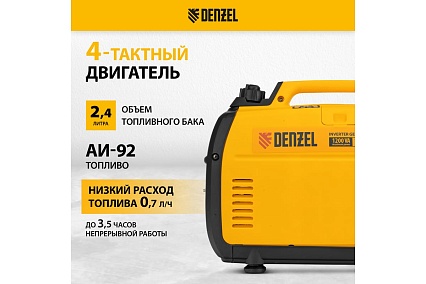 Инверторный генератор Denzel GT-1200iS, 1,2 кВт, 230 В, бак 2,4 л 94701