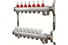 Коллектор для теплого пола Sanext нержавеющая сталь, с расход., в/о и дренаж., ДУ25, ВР1"х 7 конт. НР 3/4" 8527