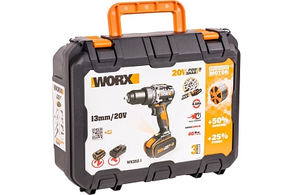 Ударная аккумуляторная дрель-шуруповерт Worx 60 Нм, 20 В, бесщеточная, 4 Ач x 2, ЗУ 2 А, кейс WX352.1