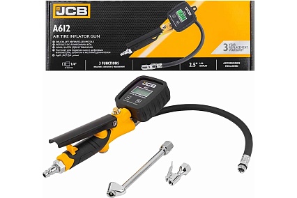 Пистолет для подкачки шин JCB с цифровым манометром 0-14бар, Psi-бар-Кпа-кг/см², шланг 350мм, жесткий удлинитель 150мм JCB-A612(58320)