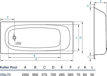 Стальная ванна Koller Pool B30E1200E 130x70