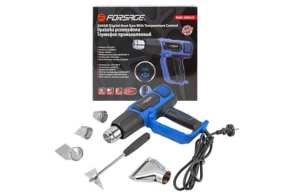 Промышленный электрический фен Forsage с дисплеем и насадками 220в, 50/60гц, 2000вт, 60-600с, 300-500л/мин, класс защиты-двойная изоляция F-HG60-2000LCD(52346)