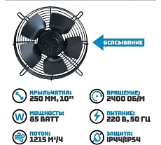 Осевой вентилятор АРКАИМ 250 мм, 220 Вольт. Поток: всасывание. YWF2E-250S-92/25-G